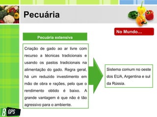 Pecuária
Pecuária extensiva
Criação de gado ao ar livre com
recurso a técnicas tradicionais e
usando os pastos tradicionais na
alimentação do gado. Regra geral,
há um reduzido investimento em
mão de obra e rações, pelo que o
rendimento obtido é baixo. A
grande vantagem é que não é tão
agressivo para o ambiente.
Sistema comum no oeste
dos EUA, Argentina e sul
da Rússia.
No Mundo…
 