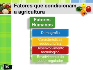 Fatores que condicionam
a agricultura
Fatores
Humanos
Demografia
Características
socioculturais
Desenvolvimento
tecnológico
Envolvimento do
poder regulador
 