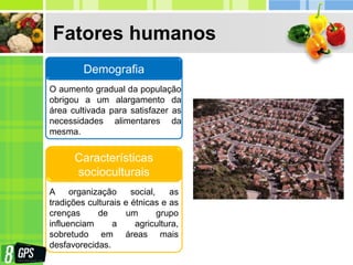 Fatores humanos
O aumento gradual da população
obrigou a um alargamento da
área cultivada para satisfazer as
necessidades alimentares da
mesma.
Demografia
A organização social, as
tradições culturais e étnicas e as
crenças de um grupo
influenciam a agricultura,
sobretudo em áreas mais
desfavorecidas.
Características
socioculturais
 