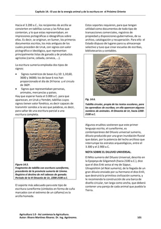 Capítulo 14.- El uso de la energía animal y de la escritura en el Próximo Oriente
Hacia el 3.200 a.C., los recipientes de arcilla se
convierten en tablillas curvas y las fichas que
contenían, y lo que estas representaban, en
impresiones pictográficas o ideográficas sobre
ellas. Es decir, se originan, en Sumer, los primeros
documentos escritos, los más antiguos de los
cuales proceden de Uruk, con signos con valor
pictográfico e ideológico, que representan
principalmente listas de ganado y de productos
agrícolas (carne, cebada, cerveza, ...).
La escritura sumeria empleaba dos tipos de
signos:
· Signos numéricos de bases 6 y 10: 1,10,60,
3600 y 36000; los de base 6 nos han
proporcionado el día de 24 horas y el circulo
de 360º.
· Signos que representaban personas,
animales, mercancías y países.
Hay que esperar hasta el 3.000 a.C. para que
aparezcan, en Uruk y Yemdet, tablillas cuyos
signos tienen valor fonético, es decir capaces de
transmitir sonidos a la vez que palabras, es decir,
para saltar de una escritura parcial a una
escritura completa.
Figura 14.5.
Fragmento de tablilla con escritura cuneiforme,
procedente de la provincia sumeria de Umma.
Registra el destino de mil cabezas de ganado.
Periodo de la III Dinastía de Ur, 2200-2100 a.C.
El soporte más adecuado para este tipo de
escritura cuneiforme (símbolos en forma de cuña
marcados con el extremo de un cáñamo) es la
arcilla húmeda.
Estos soportes requieren, para que tengan
utilidad como documentos de todo tipo de
transacciones comerciales, registros de
propiedad y disposiciones gubernativas, de su
archivo, catalogación y recuperación. Para ello el
Estado dispuso de lugares para su almacenaje
selectivo y tuvo que crear escuelas de escribas,
bibliotecarios y contables.
Fig. 14.6.
Tablilla circular, propia de los textos escolares, para
los aprendices de escribas; en ella aparecen algunos
nombres de animales. III Dinastía de Ur, hacia 2200-
2100 a.C.
Algunos eruditos sostienen que este primer
lenguaje escrito, el cuneiforme, es
contemporáneo del Diluvio universal sumerio,
diluvio producido por una gran inundación fluvial
que datan, por la potencia del lecho arcilloso que
interrumpe los estratos arqueológicos, entre el
3.300 y el 2.900 a.C.
NOTA SOBRE EL DILUVIO UNIVERSAL.
El Mito sumerio del Diluvio Universal, descrito en
la Epopeya de Gilgamesh (hacia 2100 a.C.), dice
que el dios Enki avisa al rey de Sippur,
Utnapishtim (el Noé sumerio), de la llegada de un
gran diluvio enviado por su hermano el dios Enlil,
que destruirá la primitiva civilización sumeria, y
le recomienda la construcción de una barca de
diseño circular, tan larga como ancha, que deberá
contener una pareja de cada animal que puebla la
Tierra.
Agricultura 1.0 - Así comienza la Agricultura.
Autor: Álvaro Martínez Álvarez. Dr. Ing. Agrónomo. 101
 