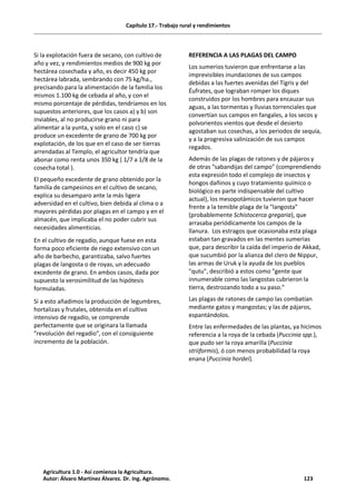 Capítulo 17.- Trabajo rural y rendimientos
Si la explotación fuera de secano, con cultivo de
año y vez, y rendimientos medios de 900 kg por
hectárea cosechada y año, es decir 450 kg por
hectárea labrada, sembrando con 75 kg/ha.,
precisando para la alimentación de la familia los
mismos 1.100 kg de cebada al año, y con el
mismo porcentaje de pérdidas, tendríamos en los
supuestos anteriores, que los casos a) y b) son
inviables, al no producirse grano ni para
alimentar a la yunta, y solo en el caso c) se
produce un excedente de grano de 700 kg por
explotación, de los que en el caso de ser tierras
arrendadas al Templo, el agricultor tendría que
abonar como renta unos 350 kg ( 1/7 a 1/8 de la
cosecha total ).
El pequeño excedente de grano obtenido por la
familia de campesinos en el cultivo de secano,
explica su desamparo ante la más ligera
adversidad en el cultivo, bien debida al clima o a
mayores pérdidas por plagas en el campo y en el
almacén, que implicaba el no poder cubrir sus
necesidades alimenticias.
En el cultivo de regadío, aunque fuese en esta
forma poco eficiente de riego extensivo con un
año de barbecho, garantizaba, salvo fuertes
plagas de langosta o de royas, un adecuado
excedente de grano. En ambos casos, dada por
supuesto la verosimilitud de las hipótesis
formuladas.
Si a esto añadimos la producción de legumbres,
hortalizas y frutales, obtenida en el cultivo
intensivo de regadío, se comprende
perfectamente que se originara la llamada
"revolución del regadío", con el consiguiente
incremento de la población.
REFERENCIA A LAS PLAGAS DEL CAMPO
Los sumerios tuvieron que enfrentarse a las
imprevisibles inundaciones de sus campos
debidas a las fuertes avenidas del Tigris y del
Éufrates, que lograban romper los diques
construidos por los hombres para encauzar sus
aguas, a las tormentas y lluvias torrenciales que
convertían sus campos en fangales, a los secos y
polvorientos vientos que desde el desierto
agostaban sus cosechas, a los periodos de sequía,
y a la progresiva salinización de sus campos
regados.
Además de las plagas de ratones y de pájaros y
de otras "sabandijas del campo" (comprendiendo
esta expresión todo el complejo de insectos y
hongos dañinos y cuyo tratamiento químico o
biológico es parte indispensable del cultivo
actual), los mesopotámicos tuvieron que hacer
frente a la temible plaga de la "langosta"
(probablemente Schistocerca gregaria), que
arrasaba periódicamente los campos de la
llanura. Los estragos que ocasionaba esta plaga
estaban tan gravados en las mentes sumerias
que, para describir la caída del imperio de Akkad,
que sucumbió por la alianza del clero de Nippur,
las armas de Uruk y la ayuda de los pueblos
"qutu", describió a estos como "gente que
innumerable como las langostas cubrieron la
tierra, destrozando todo a su paso."
Las plagas de ratones de campo las combatían
mediante gatos y mangostas; y las de pájaros,
espantándolos.
Entre las enfermedades de las plantas, ya hicimos
referencia a la roya de la cebada (Puccinia spp.),
que pudo ser la roya amarilla (Puccinia
striiformis), ó con menos probabilidad la roya
enana (Puccinia hordei).
Agricultura 1.0 - Así comienza la Agricultura.
Autor: Álvaro Martínez Álvarez. Dr. Ing. Agrónomo. 123
 