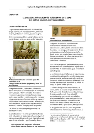Capítulo 18.- La ganadería y otras fuentes de alimentos
Capítulo 18.-
LA GANADERÍA Y OTRAS FUENTES DE ALIMENTOS EN LA EDAD
DEL BRONCE SUMERIA, Y MITOS AGRÍCOLAS.
LA GANADERÍA SUMERIA
La ganadería sumeria se basaba en rebaños de
ovejas y cabras, en piaras de cerdos y, en menor
medida, en hatos de bovinos, asnos y onagros.
En los núcleos de población, se practicaba la cría
menor de aves junto con la de cerdos "caseros".
Fig. 18.1.
Arriba) Carneros lanudos sumerios. Época del
Estandarte de Ur.
Debajo) Estatua de bovino (fragmento). Uruk. Fin
del IV milenio.
Este ganado proveía, como venía haciendose
desde el inicio de su domesticación: de alimentos
(carne, sangre, y de los derivados de la leche:
requesones, quesos y mantequillas); cueros y
pieles, para vestidos y recipientes; pelos y lana de
cabras y ovejas, para fieltros y tejidos; grasa para
las lámparas; huesos y cuernos para la fabricación
de útiles (leznas, agujas, cuentas y pendientes);
entrañas y cuernos para pequeños recipientes.
Los ovinos se dedicaban principalmente a la
obtención de lana.
El ganado vacuno y el asnal aportaban su fuerza
en la roturación de los campos (el vacuno) y en el
transporte, y prácticamente todo el ganado servía
para ofrecer ofrendas y sacrificios a los dioses.
Fig.18.2.
Sello sumerio con ganado bovino.
El régimen de pastoreo siguió siendo el
anteriormente indicado, basado en la
trashumancia
1
, si bien, con la colonización de la
llanura sur y el consiguiente alejamiento de los
pastizales de montaña, la trashumancia fue
dando paso a una ganadería permanente en la
llanura, con rebaños de cabras, ovejas, cerdos y
reses vacunas, guardados en apriscos,
cochiqueras y establos.
En la llanura, el ganado aprovechaba los pastos
de los humedales existentes en las depresiones y
en los bordes de los cauces de agua, así como en
las rastrojeras.
La posible siembra en la llanura de leguminosas,
en cultivo intercalar con los cereales para grano,
para aprovechar las lluvias invernales, sería un
factor más para la permanencia del ganado en la
llanura, al proporcionar alimentos, en verde, en
seco y en grano, para el ganado.
La siembra de leguminosas resistentes a la
sequía, como las vezas o arvejas (Vicia villosa
Roth.), conocida desde tiempos antiquísimos, y
de otras vicias (como la Vicia sativa L.),
sembradas solas o en mezcla con cebadas,
altramuces y alholvas, para su consumo como
forraje y como grano por el ganado, es tan
antigua que podría haberse realizado en la
llanura de la Alta, y quizá Medía, Mesopotamia.
Es muy previsible que una parte del ganado
establecido en las montañas y altas mesetas, y
1
La primera manifestación de una ganadería
trashumante en la Península Ibérica data de la cultura
del Bronce Final (Cogotas 1.200 – 800 a.C.) en el Valle
del Ebro y en Andalucía.
Agricultura 1.0 - Así comienza la Agricultura.
Autor: Álvaro Martínez Álvarez. Dr. Ing. Agrónomo. 125
 