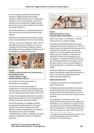 Capítulo 28.- El Egipto Dinástico: El comercio y la industria agraria
Las más antiguas vasijas de vino hasta ahora
halladas en Egipto proceden de la tumba
Scorpión I, datadas hacia 3150 a.C., (según Patric
Mc Govern. Univ. de Pensilvania), y la primera
evidencia de vino producido en Egipto procede
de una jarra con un sello real del cuarto rey de la
1ª Dinastía (2.900 a.C.).
A partir de esta fecha, se encuentran ánforas de
vino como ajuar funerario de las tumbas reales
egipcias.
Retomemos el proceso de la vinificación a partir
de las uvas depositadas en las tinas de prensado.
Las tinas, en las que se realizaba “a píe” el primer
prensado de las uvas, se situaban en serie y se
colocaba encima de ellas una vigueta, sujeta a
dos pértigas, de la que colgaban cuerdas a las que
se sujetaban los pisadores de las uvas.
Fig.28.6.
Vendimia, primer prensado a pié y cántaros para el
fermentado del mosto.
Tumba de Nakht, en Tebas.
Dinastía 18ª (hacia 1.500 a.C.)
El zumo de este “primer prensado”, se
derramaba en un estanque.
Los restos de este primer prensado, se
introducían en un saco con dos pértigas en cada
extremo, que se retorcían sobre una cubeta para,
con este “segundo prensado” obtener más zumo.
El zumo de los prensados (desconozco si juntos, o
separados para obtener vino de más calidad), se
llevaba a las tinajas, donde fermentaba.
Una vez fermentado, se trasegaba a ánforas
puntiagudas (de cuello estrecho) y de escaso
tamaño, cuyo orificio se tapaba con arcilla,
dejando un pequeño agujero para una segunda
fermentación, tras la cual se sellaban
completamente. En ellas, se indicaba el año de la
cosecha, la calidad del mosto y el nombre del
cosechero.
Fig.28.7.
Segundo prensado en un saco.
Tumba de Daket III. Reino Medio
Había “vino nuevo” o “vino dulce” y “vino de
hasta octava vez” u octavo trasiego.
El análisis de las ánforas repletas de vino que
rodeaban la tumba de Tutankamón (+ 1.323 a.C.),
determina que se trataba de vino tinto, que era el
usado para las ofrendas al ser considerado
superior. En su tumba, además de vino tinto,
había vasijas con “shedeh”, un tipo de vino
calentado, similar al vino de Málaga, que la
investigación 7
ha determinado por primera vez
que se elaboraba a partir de uva negra y no de
granada, como se creía. Las vasijas detallan el
año de producción, su cosechero, y su lugar de
origen.
También se obtenía vinos y aguardientes de
palma, fermentando el jugo dulce extraído de su
tronco, así como vino y aguardientes de los
dátiles y de las granadas (sic.).
Elaboración del aceite
Los egipcios cocinaban con manteca (grasa de
ánsar o de ternera).
Se obtenía aceite de las semillas del ricino y de
las semillas del árbol de la moringa (Moringa
arabica), el llamado aceite de Behen, que no se
enrancia, para su uso en el aseo corporal y en las
lámparas.
En el apartado “La dieta alimentaría”, del
Capitulo 24, hicimos referencia a las palabras de
Herodoto (s.V a.C.) referentes al aceite de ricino,
que usaban para iluminación los habitantes de la
zona de los pantanos: “machacaban el fruto del
ricino para exprimir su jugo, o bien lo fríen en la
7
Investigación realizada por María Rosa Guasch Jané y
Rosa Lamuela Raventós, de la Universidad de
Barcelona, en el Museo Británico.
Agricultura 1.0 - Así comienza la Agricultura.
Autor: Álavaro Martínez Álvarez. Dr. ing. Agrónomo. 200
 