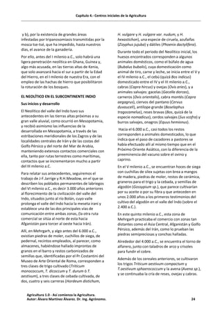 Capítulo 4.- Centros iniciales de la Agricultura
y b), por la existencia de grandes áreas
infestadas por tripanosomiasis transmitidas por la
mosca tse-tsé, que ha impedido, hasta nuestros
días, el avance de la ganadería.
Por ello, antes del I milenio a.C., solo habrá una
ligera penetración neolítica en Ghana, Guinea y,
algo más acusada, en las tierras altas de Kenia,
que solo avanzará hacia el sur a partir de la Edad
del Hierro, en el I milenio de nuestra Era, con el
empleo de las hachas de hierro que posibilitaron
la roturación de los bosques.
EL NEOLÍTICO EN EL SUBCONTINENTE INDIO
Sus inicios y desarrollo
El Neolítico del valle del Indo tuvo sus
antecedentes en las tierras altas próximas a su
gran valle aluvial, como ocurrió en Mesopotamia,
y recibió asimismo las influencias de la
desarrollada en Mesopotamia, a través de las
estribaciones meridionales de los Zagros y de las
localidades centrales de Irán y de las costas del
Golfo Pérsico y del norte del Mar de Arabia,
manteniendo extensos contactos comerciales con
ella, tanto por rutas terrestres como marítimas,
contactos que se incrementaron mucho a partir
del III milenio a.C.
Para relatar sus antecedentes, seguiremos el
trabajo de J-F.Jarrige y R.H.Meadow, en el que se
describen los poblados permanentes de labriegos
del VI milenio a.C., es decir 3.000 años anteriores
al florecimiento de la civilización del valle del
Indo, situados junto al río Bolán, cuyo valle
prolonga el valle del Indo hacia la meseta iraní y
establece una de las dos principales vías de
comunicación entre ambas zonas, (la otra ruta
comercial se sitúa al norte de esta hacia
Afganistán para torcer al oeste hacia Irán).
Allí, en Mehrgarh, y algo antes del 6.000 a.C.,
existían piedras de moler, cuchillos de siega, de
pedernal, recintos empleados, al parecer, como
almacenes, habiéndose hallado improntas de
granos en el barro y restos carbonizados de
semillas que, identificadas por el Pr.Costantini del
Museo de Arte Oriental de Roma, corresponden a
tres clases de trigo cultivado (Triticum
monococcum, T. dicoccum y T. durum ó T.
aestivum), a tres clases de cebada cultivada, de
dos, cuatro y seis carreras (Hordeum distichum,
H. vulgare y H. vulgare var. nudum, y H.
hexastichon), una especie de ciruela, azufaifas
(Zizyphus jujuba) y dátiles (Phoenix dactylifera).
Durante todo el periodo del Neolítico inicial, los
huesos encontrados corresponden a algunos
animales domésticos, como el búfalo de agua
(Bubalus bubalis), cuya domesticación como
animal de tiro, carne y leche, se inicia entre el V y
el IV milenio a.C., el cebú (quizá Bos indicus)
domesticado entre el IV y el III milenio a.C.,
cabras (Capra hircus) y ovejas (Ovis aries), y a
animales salvajes: gacelas (Gacella dorcas),
carneros (Ovis orientalis), cabra montés (Capra
aegagrus), ciervos del pantano (Cervus
duvauceli), antílope grande (Boselaphus
tragocamelus), reses bravas (Bos, quizá de la
especie nomadicus), cerdos salvajes (Sus scofra) y
burros salvajes, onagros (Equus hemionus).
Hacia el 6.000 a.C., casi todos los restos
corresponden a animales domesticados, lo que
indica que el paso de cazadores a pastores se
había efectuado allí al mismo tiempo que en el
Próximo Oriente Asiático, con la diferencia de la
preeminencia del vacuno sobre el ovino y
caprino.
En el V milenio a.C., se encuentran hoces de siega
con cuchillas de sílex sujetas con brea a mangos
de madera, piedras de moler, restos de cerámica,
graneros para el trigo y la cebada, y semillas de
algodón (Gossypium sp.), que parece cultivarían
por su aceite o por su fibra y que anteceden en
unos 2.000 años a los primeros testimonios del
cultivo del algodón en el valle del Indo (sobre el
2.400 a.C.).
En este quinto milenio a.C., esta zona de
Mehrgarh practicaba el comercio con zonas tan
distantes como el Asia Central, Afganistán y Golfo
Pérsico, además del Irán, como lo prueban las
piedras semipreciosas y conchas halladas.
Alrededor del 4.000 a.C., se encuentra el torno de
alfarero, junto con taladros de arco y crisoles
para fundir el cobre.
Además de los cereales anteriores, se cultivaron
los trigos Triticum aestivum compactum y
T.aestivum sphaerococcum y la avena (Avena sp.),
y se continuaba la cría de reses, ovejas y cabras.
Agricultura 1.0 - Así comienza la Agricultura.
Autor: Álvaro Martínez Álvarez. Dr. Ing. Agrónomo. 24
 