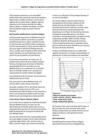 Capítulo 6.- Origen de la Agricultura en próximo Oriente Asiático. El medio natural
Estas mesetas presentan, en la actualidad,
preferentemente cultivos de secano de cereales y
leguminosas, viñedos y olivares, y en las zonas
regadas de sus valles tabaco, algodón, agrios e
higueras; en los montes abundan los robles,
hayas y abetos, y estepas con pastos, se hacen
más abundantes según se avanza hacia el
Cáucaso.
b) El Levante mediterráneo o Levante Antiguo.
La franja costera que cierra el Mediterráneo por
el este, de 50 a 100 km. de anchura, ocupada
actualmente por Siria, Líbano, Jordania e Israel,
es una zona alta, con fértiles valles surcados por
los ríos Leontes (Naht al Litani), Orontes (Nahr al
Así), que riega el valle de Al-Ghab granero de
Siria, y Jordán, que comparte su fértil valle entre
Israel y Jordania, en cuyo profundo curso se
ubican el mar de Galilea y el mar Muerto.
En la zona se encuentran, de norte a sur: la
estrecha faja costera de Siria y Líbano, antigua
Fenicia; el antiguo país de Canaán o Palestina,
comprendido entre el río Jordán y el mar
Mediterráneo y, en su extremo sur, la zona de
Gaza, el llamado "pasillo sirio", que pone en
comunicación el mundo asiático con Egipto.
Las estribaciones de los montes Tauros cierran el
Mediterráneo por el norte.
Esta zona tiene un clima Mediterráneo, con
verano cálido y seco y lluvias invernales.
Jerusalén, situado a 757 m. de altitud, tiene una
temperatura media anual de 17ºC y una
precipitación de 528 mm/año; su mes más frío es
enero, con temperatura media de 9ºC y el más
cálido es julio con temperatura media de 24ºC.
c) Las sierras: Taurus, Cáucaso, Zagros.
Los montes Taurus separan la meseta de Anatolia
del mar Mediterráneo y, en ellos, los ríos
descienden por estrechos valles hacia el mar, a
excepción de los que forman la llanura aluvial del
golfo de Alejandría en la esquina nordeste del
mar Mediterráneo.
Las altas tierras del Cáucaso, comprendidas entre
los mares Negro y Caspio, tienen valles estrechos
y grandes lagos (Sevan, Van, Urmia) y solo se
abren, hacia el Caspio, por la llanura aluvial del
río Kura y su afluente el Aras (antiguo Araxes), al
sur de la actual Bakú.
Los montes Zagros, separan la gran llanura
mesopotámica de las altas mesetas de Irán.
Desde ellos los ríos descienden, en valles
estrechos de dirección nordeste-suroeste, hasta
alcanzar la llanura y, continuando por ella,
desembocar en el Tigris. El clima de las sierras es
el propio de las grandes alturas, con nieves
invernales y con precipitaciones, variables en esta
amplia área, de 500 a 1000 mm/año. Ambas
cordilleras disponen de bosques de encinas y
matorral, buenos pastos para el ganado y zonas
para el cultivo de secano, además de sus recursos
de caza y de frutos silvestres.
El Tigris y el Éufrates tienen en sus valles altos
régimen torrencial y su crecida, ocasionada por el
deshielo de la nieve acumulada en las montañas
de Turquía e Irán, ocurre durante abril y mayo, si
bien no dejan de correr durante todo el año.
Ambas características son determinantes para el
riego en la llanura, como posteriormente
veremos.
d) El somontano.
A medida que los montes Tauros y Zagros
descienden hacia la llanura mesopotámica,
Figura 6.3.
Diagrama Climático de Jerusalén
Coord.: 31º47'N.; 35º13'E. Altitud: 757 m
Temp. media anual: 17,0ºC
Precip. media anual: 528 mm
Agricultura 1.0 - Así comienza la Agricultura.
Autor: Álvaro Martínez Álvarez. Dr. Ing. Agrónomo. 45
 
