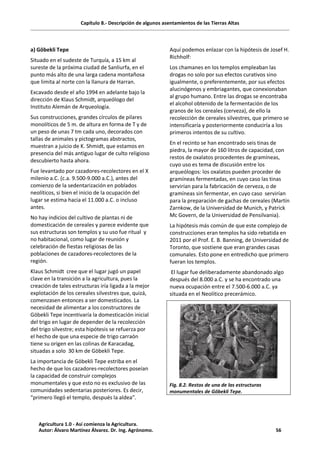 Capítulo 8.- Descripción de algunos asentamientos de las Tierras Altas
a) Göbekli Tepe
Situado en el sudeste de Turquía, a 15 km al
sureste de la próxima ciudad de Sanliurfa, en el
punto más alto de una larga cadena montañosa
que limita al norte con la llanura de Harran.
Excavado desde el año 1994 en adelante bajo la
dirección de Klaus Schmidt, arqueólogo del
Instituto Alemán de Arqueología.
Sus construcciones, grandes círculos de pilares
monolíticos de 5 m. de altura en forma de T y de
un peso de unas 7 tm cada uno, decorados con
tallas de animales y pictogramas abstractos,
muestran a juicio de K. Shmidt, que estamos en
presencia del más antiguo lugar de culto religioso
descubierto hasta ahora.
Fue levantado por cazadores-recolectores en el X
milenio a.C. (c.a. 9.500-9.000 a.C.), antes del
comienzo de la sedentarización en poblados
neolíticos, si bien el inicio de la ocupación del
lugar se estima hacia el 11.000 a.C. o incluso
antes.
No hay indicios del cultivo de plantas ni de
domesticación de cereales y parece evidente que
sus estructuras son templos y su uso fue ritual y
no habitacional, como lugar de reunión y
celebración de fiestas religiosas de las
poblaciones de cazadores-recolectores de la
región.
Klaus Schmidt cree que el lugar jugó un papel
clave en la transición a la agricultura, pues la
creación de tales estructuras iría ligada a la mejor
explotación de los cereales silvestres que, quizá,
comenzasen entonces a ser domesticados. La
necesidad de alimentar a los constructores de
Göbekli Tepe incentivaría la domesticación inicial
del trigo en lugar de depender de la recolección
del trigo silvestre; esta hipótesis se refuerza por
el hecho de que una especie de trigo carraón
tiene su origen en las colinas de Karacadag,
situadas a solo 30 km de Göbekli Tepe.
La importancia de Göbekli Tepe estriba en el
hecho de que los cazadores-recolectores poseían
la capacidad de construir complejos
monumentales y que esto no es exclusivo de las
comunidades sedentarias posteriores. Es decir,
“primero llegó el templo, después la aldea”.
Aquí podemos enlazar con la hipótesis de Josef H.
Richholf:
Los chamanes en los templos empleaban las
drogas no solo por sus efectos curativos sino
igualmente, o preferentemente, por sus efectos
alucinógenos y embriagantes, que conexionaban
al grupo humano. Entre las drogas se encontraba
el alcohol obtenido de la fermentación de los
granos de los cereales (cerveza), de ello la
recolección de cereales silvestres, que primero se
intensificaría y posteriormente conduciría a los
primeros intentos de su cultivo.
En el recinto se han encontrado seis tinas de
piedra, la mayor de 160 litros de capacidad, con
restos de oxalatos procedentes de gramíneas,
cuyo uso es tema de discusión entre los
arqueólogos: los oxalatos pueden proceder de
gramíneas fermentadas, en cuyo caso las tinas
servirían para la fabricación de cerveza, o de
gramíneas sin fermentar, en cuyo caso servirían
para la preparación de gachas de cereales (Martín
Zarnkow, de la Universidad de Munich, y Patrick
Mc Govern, de la Universidad de Pensilvania).
La hipótesis más común de que este complejo de
construcciones eran templos ha sido rebatida en
2011 por el Prof. E. B. Banning, de Universidad de
Toronto, que sostiene que eran grandes casas
comunales. Esto pone en entredicho que primero
fueran los templos.
El lugar fue deliberadamente abandonado algo
después del 8.000 a.C. y se ha encontrado una
nueva ocupación entre el 7.500-6.000 a.C. ya
situada en el Neolítico precerámico.
Fig. 8.2. Restos de una de las estructuras
monumentales de Göbekli Tepe.
Agricultura 1.0 - Así comienza la Agricultura.
Autor: Álvaro Martínez Álvarez. Dr. Ing. Agrónomo. 56
 