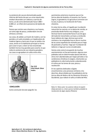 Capítulo 8.- Descripción de algunos asentamientos de las Tierras Altas
La existencia de vacuno domesticado puede
inferirse del hecho de que sus urnas sepulcrales
estaban decoradas con cabezas y cuernos de
toros; y la de ovino domesticado hacia 5.800 –
6.000 a.C. se infiere de la presencia de tejidos de
lana.
Parece que comían aves silvestres y sus huevos,
así como algo de pesca, y elaboraban vino de
almezas y cerveza.
Las casas, de adobe y armazón de madera, con las
paredes y el suelo encalado y un tejado plano de
maderas ligeras y barro por el que se acedía a las
casas, tenían en la habitación principal un horno
para cocer el pan, si bien se han encontrado
también hornos muy grandes para cocerlo, lo que
indica la existencia de una industria panadera.
Las casas se agrupaban sin calles entre ellas.
Fig. 8.10.
Catal Hüyuk. Diosa
madre.
CONCLUSIÓN
Como conclusión de este epígrafe: los
yacimientos anteriores muestran que en las
tierras altas de Anatolia, el Levante y los Tauros-
Zagros, la ganadería y la agricultura convivían con
la caza, la pesca y la recolección de frutos
silvestres.
En estas tierras altas, el regadío por inundación
natural de las cuencas, en su época de crecida, se
practicaba desde fechas muy antiguas, y sus
técnicas fueron avanzando hacia el uso de agua
derivada de manantiales y arroyos y conducida
hacia tablares de riego, técnicas que serían
similares a las empleadas hoy en día en muchas
de las zonas españolas de montaña para el riego
de pastizales y huertas: riego por inundación de
tablares o riego por surcos encadenados.
Hemos visto como la ocupación de muchos
asentamientos no fue permanente: algunos eran
poblados solo en determinadas épocas del año y
otros eran abandonados por largos periodos si las
condiciones climáticas lo exigían, retomando sus
pobladores la vida trashumante y abandonando
el cultivo por las tareas de caza, pesca y
recolección.
En los capítulos dedicados a Egipto
encontraremos unos procesos similares a los
descritos, desarrollados por los pobladores de las
tierras altas de Nubia y de los Desiertos Oriental y
Occidental, que rodean el valle y el delta del Nilo.
Nota (1). Nota autor: los autores indican el espolín
(Stipa pennata L), si bien parece también probable la
recolección de algún alpiste (Phalaris)
Agricultura 1.0 - Así comienza la Agricultura.
Autor: Álvaro Martínez Álvarez. Dr. Ing. Agrónomo. 62
 