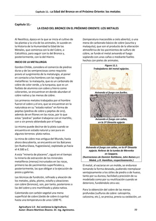 Capítulo 11.- La Edad del Bronce en el Próximo Oriente: los metales
Capitulo 11.-
LA EDAD DEL BRONCE EN EL PRÓXIMO ORIENTE: LOS METALES
Al Neolítico, época en la que se inicia el cultivo de
las plantas y la cría de los animales, le sucede en
la Historia de la Humanidad la Edad de las
Metales, que comienza con la del Cobre, o
Calcolítico, para seguir con la del Bronce y,
posteriormente, con la del Hierro.
INICIO DE LA METALURGIA
Gordon Childe, considera el comercio de piedras
duras y de las semipreciosas como requisito
previo al surgimiento de la metalurgia, al poner
en contacto a los hombres con las regiones
metalíferas: la malaquita, que es un carbonato de
cobre de color verde, y la turquesa, que es un
fosfato de aluminio con cobre y hierro como
colorantes, se encuentran en donde abundan el
cobre nativo y las menas de cobre.
Los primeros metales trabajados por el hombre
fueron el cobre y el oro, que se encuentran en la
naturaleza en su "estado nativo" en forma de
pepitas (piedras de cobre y pepitas de oro),
además de en filones en las rocas, por lo que
estas "piedras" podían trabajarse con el martillo,
con o sin previo ablandado por el fuego.
Lo mismo puede decirse de la plata cuando se
encuentra en estado natural y casi pura en
algunos terrenos: plata nativa.
La mina de cobre mas antigua del Mundo, hasta
ahora descubierta, se encuentra en los Balcanes
(en Rudna Glava, Yugoeslavia), explotada ya hacia
el 4.500 a.C.
A esta "minería de placeres", siguió en el tiempo
la minería de extracción de los minerales
metalíferos (menas) incrustados en las rocas,
primero las de yacimientos superficiales y,
posteriormente, las que obligan a la ejecución de
pozos y galerías.
Las técnicas de fundición, refinado y aleación de
los metales, plata, plomo, estaño y aleaciones
con cobre (bronces), son, por tanto, posteriores a
las del cobre y oro martilleado y plata nativa.
Calentando con carbón vegetal una mena
superficial de cobre (óxido de cobre ó cuprita)
hasta una temperatura de unos 1200 ºC.
(temperatura inaccesible a cielo abierto), o una
mena de carbonato básico de cobre (azurita y
malaquita), que son el producto de la alteración
atmosférica de los yacimientos de sulfuro de
cobre, se funde el metal avivando el fuego
soplando con unas cañas o mediante fuelles
hechos con pieles de animales.
Figura 11.1.
Trabajadores del metal egipcios.
Avivando el fuego con fuelles.
Avivando el fuego con cañas,
en la 5ª Dinastía egipcia
Avivando el fuego con cañas, en la 6ª Dinastía
egipcia. Relieve de la tumba de Merenka
en Saqqara.
(Ilustraciones de Dominir Rathbone, John Baines y J.
Malek, y R. Hamilton, respectivamente.)
El metal, al vaciarse en un molde, se endurece
tomando la forma deseada, pudiendo reemplazar
ventajosamente a los útiles de piedra o de hueso,
tanto por su dureza, facilidad y precisión de su
modelado como por su reutilización cuando se
deteriore, fundiéndolo otra vez.
Para la obtención del cobre de las menas
profundas (sulfuros de cobre: calcopirita,
calcosina, etc.), se precisa, previa su oxidación, un
Agricultura 1.0 - Así comienza la Agricultura.
Autor: Álvaro Martínez Álvarez. Dr. Ing. Agrónomo. 77
 