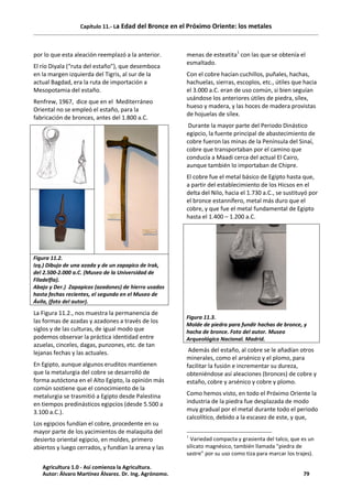 Capítulo 11.- La Edad del Bronce en el Próximo Oriente: los metales
por lo que esta aleación reemplazó a la anterior.
El río Diyala (“ruta del estaño”), que desemboca
en la margen izquierda del Tigris, al sur de la
actual Bagdad, era la ruta de importación a
Mesopotamia del estaño.
Renfrew, 1967, dice que en el Mediterráneo
Oriental no se empleó el estaño, para la
fabricación de bronces, antes del 1.800 a.C.
Figura 11.2.
Izq.) Dibujo de una azada y de un zapapico de Irak,
del 2.500-2.000 a.C. (Museo de la Universidad de
Filadelfia).
Abajo y Der.) Zapapicos (azadones) de hierro usados
hasta fechas recientes, el segundo en el Museo de
Ávila, (foto del autor).
La Figura 11.2., nos muestra la permanencia de
las formas de azadas y azadones a través de los
siglos y de las culturas, de igual modo que
podemos observar la práctica identidad entre
azuelas, cinceles, dagas, punzones, etc. de tan
lejanas fechas y las actuales.
En Egipto, aunque algunos eruditos mantienen
que la metalurgia del cobre se desarrolló de
forma autóctona en el Alto Egipto, la opinión más
común sostiene que el conocimiento de la
metalurgia se trasmitió a Egipto desde Palestina
en tiempos predinásticos egipcios (desde 5.500 a
3.100 a.C.).
Los egipcios fundían el cobre, procedente en su
mayor parte de los yacimientos de malaquita del
desierto oriental egipcio, en moldes, primero
abiertos y luego cerrados, y fundían la arena y las
menas de esteatita1
con las que se obtenía el
esmaltado.
Con el cobre hacían cuchillos, puñales, hachas,
hachuelas, sierras, escoplos, etc., útiles que hacia
el 3.000 a.C. eran de uso común, si bien seguían
usándose los anteriores útiles de piedra, sílex,
hueso y madera, y las hoces de madera provistas
de hojuelas de sílex.
Durante la mayor parte del Periodo Dinástico
egipcio, la fuente principal de abastecimiento de
cobre fueron las minas de la Península del Sinaí,
cobre que transportaban por el camino que
conducía a Maadi cerca del actual El Cairo,
aunque también lo importaban de Chipre.
El cobre fue el metal básico de Egipto hasta que,
a partir del establecimiento de los Hicsos en el
delta del Nilo, hacia el 1.730 a.C., se sustituyó por
el bronce estannífero, metal más duro que el
cobre, y que fue el metal fundamental de Egipto
hasta el 1.400 – 1.200 a.C.
Figura 11.3.
Molde de piedra para fundir hachas de bronce, y
hacha de bronce. Foto del autor. Museo
Arqueológico Nacional. Madrid.
Además del estaño, al cobre se le añadían otros
minerales, como el arsénico y el plomo, para
facilitar la fusión e incrementar su dureza,
obteniéndose así aleaciones (bronces) de cobre y
estaño, cobre y arsénico y cobre y plomo.
Como hemos visto, en todo el Próximo Oriente la
industria de la piedra fue desplazada de modo
muy gradual por el metal durante todo el periodo
calcolítico, debido a la escasez de este, y que,
1
Variedad compacta y grasienta del talco, que es un
silicato magnésico, también llamada "piedra de
sastre" por su uso como tiza para marcar los trajes).
Agricultura 1.0 - Así comienza la Agricultura.
Autor: Álvaro Martínez Álvarez. Dr. Ing. Agrónomo. 79
 