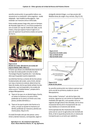 Capítulo 12.- Útiles agrícolas de la Edad del Bronce del Próximo Oriente
sencilla construcción, lo que podría indicar una
secuencia en su evolución: rama angulosa - azada
adaptada - tipo modelo tumba egipcia - tipo
estándar con mancera única o bifurcada.
Estos arados poseen larga vida, pues en tiempos
de Hesíodo (siglo VIII a.C.) en Grecia predomina
aún el arado con reja de madera de roble, no de
metal, y hay que esperar hasta el siglo III a.C.
para ver aparecer los primeros arados con punta
de hierro.
Figura 12.13.
Modelo de arado. Ofrenda de una tumba del
Imperio Medio (1991-1783 a.C.)
El lector que desee una detallada descripción de
los tipos de arado puede consultar la obra
Tecnología Popular Española de J. Caro Baroja,
obra que ha guiado nuestra exposición.
Las distintas formas y uniones de las tres piezas
fundamentales del arado: cama-timón, dental
con reja y mancera (o esteva), determinan los
tipos de arados, de los que baste señalar los dos
siguientes, que corresponden a los arados de
cama curva o "mediterráneos", propios de la
antigua Mesopotamia.
a) Tipos en los que, en un dental largo y fuerte,
se meten la mancera y la cama-timón,
pudiendo ser la cama y el timón una o dos
piezas, (arados dentales); y
b) Tipos en los que la parte más fuerte es la
cama, a la que se ajustan la mancera y el
dental, pudiendo ser mancera y dental una
misma pieza. (Fig.12.14.)
El arado formado solo por dos piezas: cama -
timón y dental-mancera, corresponde, según el
etnógrafo alemán Krüger, a un tipo arcaico del
Mediterráneo de origen muy remoto. (Fig.12.15).
Figura 12.14.
Esquemas de arados cama
Tipo a) Atado dental
Tipo b) Arado cama
Figura 12.15.
Arado de dos piezas
Su sencilla construcción nos induce a pensar que
sería uno de los primeros arados en uso en
Mesopotamia.
Estos arados "romanos", aún de los tipos más
arcaicos, siguieron en uso común en España hasta
mediados del siglo XX, y aún pueden verse en
regiones de agricultura más atrasada, con la única
innovación técnica de la incorporación de una
reja metálica en el extremo del dental.
Como ejemplo de ello mostramos dos arados
cama aún en uso en la agricultura de montaña de
Ávila, el de la izquierda provisto de un sistema de
transporte para su arrastre por caballería.
Agricultura 1.0 - Así comienza la Agricultura.
Autor: Álvaro Martínez Álvarez. Dr. Ing. Agrónomo. 87
 