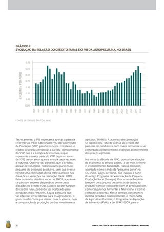 AGRICULTURATÓXICA:UMOLHARSOBREOMODELOAGRÍCOLABRASILEIRO30
GRÁFICO2.
EVOLUÇÃODARELAÇÃODOCRÉDITORURALEOPIBDAAGROPECUÁRIA,NOBRASIL
FONTE DE DADOS BRUTOS: IBGE
Tecnicamente, o PIB representa apenas a parcela
referente ao Valor Adicionado (VA) do Valor Bruto
da Produção (VBP) gerado no setor. Entretanto, o
crédito se presta a financiar a parcela complementar
do VBP que é a compra de insumos, o que
representa a maior parte do VBP (algo em torno
de 70%) de um setor que se vincula cada vez mais
à indústria. Observa-se, portanto, que o crédito,
apesar de volumoso, financiou uma parte muito
pequena do processo produtivo, sem que tivesse
havido uma correlação direta entre aumento nas
dotações e variações na produção (Belik, 2015).
Pelo contrário, desde o início do SNCR, apontava-
se para um enorme desperdício de recursos
alocados no crédito rural. Dado o caráter fungível
do crédito rural, podendo ser deslocado para
atividades mais rentáveis, Sayad pontuava que
“ao oferecer empréstimos para os agricultores, o
governo não consegue alterar, quer o volume, quer
a composição da produção ou dos investimentos
agrícolas” (1984:5). A ausência de correlação
se explica pela falta de acesso ao crédito das
parcelas de produtores com maior demanda; a ser
comentado posteriormente, e devido ao movimento
dos preços agrícolas.
No início da década de 1990, com a liberalização
da economia, o crédito passou a ser mais seletivo
e, evidentemente, focalizado. Para o produtor,
apontado como sendo de “pequeno porte” no
seu início, surgiu o Pronaf, que evoluiu a partir
do antigo Programa de Valorização da Pequena
Produção Rural (Provape). Procurou-se focalizar
também um conjunto de políticas de apoio ao
produtor familiar consoante com as preocupações
com a Segurança Alimentar e Nutricional e com o
combate à pobreza. Nesse sentido, nasceram na
mesma década e posteriormente, o Plano Safra
da Agricultura Familiar, o Programa de Aquisição
de Alimentos (PAA), a Lei 11.947/2009, para a
CRÉDITO/PBIAGRO
0,70
0,60
0,50
0,40
0,30
0,20
0,10
0,00
1969
1971
1973
1975
1977
1979
1981
1983
1985
1987
1989
1991
1993
1995
1997
1999
2001
2003
2005
2007
2009
2011
2013
2015
 