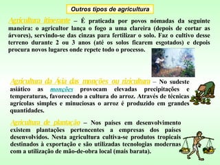 Outros tipos de agricultura Agricultura itinerante  –  É praticada por povos nómadas da seguinte maneira: o agricultor lança o fogo a uma clareira (depois de cortar as árvores), servindo-se das cinzas para fertilizar o solo. Faz o cultivo desse terreno durante 2 ou 3 anos (até os solos ficarem esgotados) e depois procura novos lugares onde repete todo o processo. Agricultura da Ásia das monções ou rizicultura   –  No sudeste asiático as  monções  provocam elevadas precipitações e temperaturas, favorecendo a cultura do arroz. Através de técnicas agrícolas simples e minuciosas o arroz é produzido em grandes quantidades. Agricultura de plantação  –  Nos países em desenvolvimento existem plantações pertencentes a empresas dos países desenvolvidos. Nesta agricultura cultiva-se produtos tropicais destinados à exportação e são utilizadas tecnologias modernas com a utilização de mão-de-obra local (mais barata). 