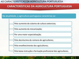 Na atualidade, a agricultura portuguesa caracteriza-se:
Pelo aumento do sistema de cultura extensivo;
Pelo aumento da mecanização;
Por uma maior especialização;
CARACTERÍSTICAS DA AGRICULTURA PORTUGUESA
Pelo decréscimo do número de agricultores;
Pelo envelhecimento dos agricultores;
Pela baixa instrução e formação profissional dos agricultores.
 