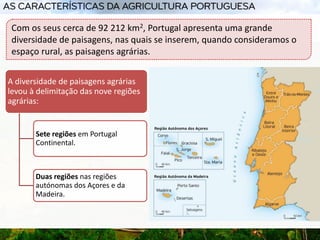 Com os seus cerca de 92 212 km2, Portugal apresenta uma grande
diversidade de paisagens, nas quais se inserem, quando consideramos o
espaço rural, as paisagens agrárias.
A diversidade de paisagens agrárias
levou à delimitação das nove regiões
agrárias:
Sete regiões em Portugal
Continental.
Duas regiões nas regiões
autónomas dos Açores e da
Madeira.
 