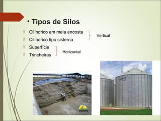 • Tipos de Silos
 Cilíndrico em meia encosta
 Cilíndrico tipo cisterna
 Superfície
 Trincheiras
Vertical
Horizontal
 