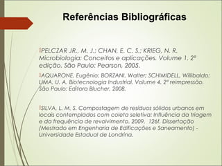 PELCZAR JR., M. J.; CHAN, E. C. S.; KRIEG, N. R.
Microbiologia: Conceitos e aplicações. Volume 1. 2ª
edição. São Paulo: Pearson, 2005.
AQUARONE, Eugênio; BORZANI, Walter; SCHIMIDELL, Willibaldo;
LIMA, U. A. Biotecnologia Industrial. Volume 4. 2ª reimpressão.
São Paulo: Editora Blucher, 2008.
SILVA, L. M. S. Compostagem de resíduos sólidos urbanos em
locais contemplados com coleta seletiva: Influência da triagem
e da frequência de revolvimento. 2009. 126f. Dissertação
(Mestrado em Engenharia de Edificações e Saneamento) -
Universidade Estadual de Londrina.
Referências Bibliográficas
 