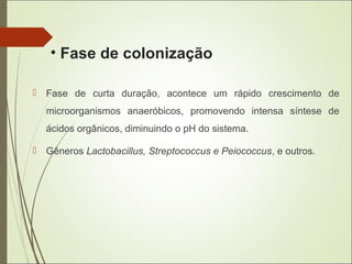 • Fase de colonização
 Fase de curta duração, acontece um rápido crescimento de
microorganismos anaeróbicos, promovendo intensa síntese de
ácidos orgânicos, diminuindo o pH do sistema.
 Gêneros Lactobacillus, Streptococcus e Peiococcus, e outros.
 