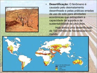 • Desertificação: O fenômeno é
  causado pelo desmatamento
  desenfreado e pelas práticas erradas
  de uso do solo para atividades
  econômicas que extrapolam a
  capacidade de suporte e de
  sustentabilidade de uma área.
       Hoje temos uma desertificação
  de 100 milhões de hectares/ano no
  mundo.
 