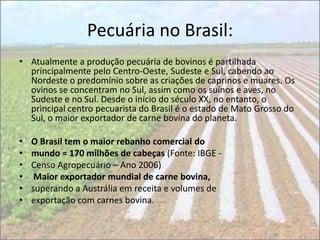 Pecuária no Brasil:
• Atualmente a produção pecuária de bovinos é partilhada
  principalmente pelo Centro-Oeste, Sudeste e Sul, cabendo ao
  Nordeste o predomínio sobre as criações de caprinos e muares. Os
  ovinos se concentram no Sul, assim como os suínos e aves, no
  Sudeste e no Sul. Desde o início do século XX, no entanto, o
  principal centro pecuarista do Brasil é o estado de Mato Grosso do
  Sul, o maior exportador de carne bovina do planeta.

•   O Brasil tem o maior rebanho comercial do
•   mundo = 170 milhões de cabeças (Fonte: IBGE -
•   Censo Agropecuário – Ano 2006)
•    Maior exportador mundial de carne bovina,
•   superando a Austrália em receita e volumes de
•   exportação com carnes bovina.
 
