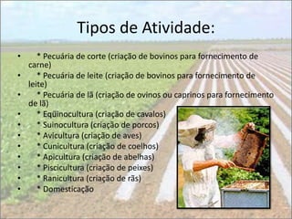 Tipos de Atividade:
•      * Pecuária de corte (criação de bovinos para fornecimento de
    carne)
•      * Pecuária de leite (criação de bovinos para fornecimento de
    leite)
•      * Pecuária de lã (criação de ovinos ou caprinos para fornecimento
    de lã)
•      * Eqüinocultura (criação de cavalos)
•      * Suinocultura (criação de porcos)
•      * Avicultura (criação de aves)
•      * Cunicultura (criação de coelhos)
•      * Apicultura (criação de abelhas)
•      * Piscicultura (criação de peixes)
•      * Ranicultura (criação de rãs)
•      * Domesticação
 