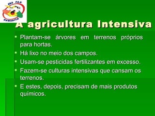 A agricultura Intensiva Plantam-se árvores em terrenos próprios para hortas.  Há lixo no meio dos campos.  Usam-se pesticidas fertilizantes em excesso. Fazem-se culturas intensivas que cansam os terrenos. E estes, depois, precisam de mais produtos químicos. 