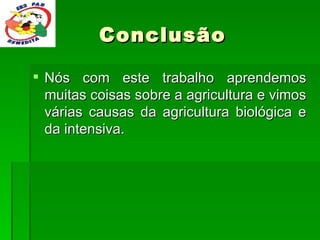 Conclusão Nós com este trabalho aprendemos muitas coisas sobre a agricultura e vimos várias causas da agricultura biológica e da intensiva.  