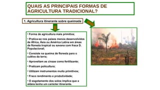 QUAIS AS PRINCIPAIS FORMAS DE
AGRICULTURA TRADICIONAL?
1. Agricultura itinerante sobre queimada
• Forma de agricultura mais primitiva;
• Pratica-se nos países menos desenvolvidos
de África, Ásia ou América Latina em áreas
de floresta tropical ou savana com fraca D.
Populacional;
• Consiste na queima de floresta para o
cultivo da terra;
• Aproveitam as cinzas como fertilizante;
• Praticam policultura;
• Utilizam instrumentos muito primitivos;
• Fraco rendimento e produtividade;
• O esgotamento dos solos implica que a
aldeia tenha um carácter itinerante.
 