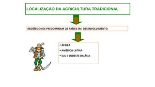 LOCALIZAÇÃO DA AGRICULTURA TRADICIONAL
REGIÕES ONDE PREDOMINAM OS PAÍSES EM DESENVOLVIMENTO
• ÁFRICA
• AMÉRICA LATINA
• SUL E SUDESTE DA ÁSIA
 