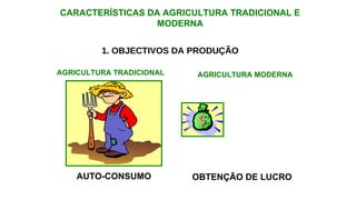 1. OBJECTIVOS DA PRODUÇÃO
AGRICULTURA TRADICIONAL AGRICULTURA MODERNA
AUTO-CONSUMO OBTENÇÃO DE LUCRO
CARACTERÍSTICAS DA AGRICULTURA TRADICIONAL E
MODERNA
 