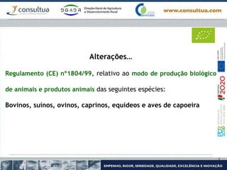 Alterações…
Regulamento (CE) nº1804/99, relativo ao modo de produção biológico
de animais e produtos animais das seguintes espécies:
Bovinos, suínos, ovinos, caprinos, equídeos e aves de capoeira
 