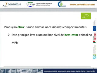 Produçao ética: saúde animal, necessidades comportamentais
 Este princípio leva a um melhor nível de bem-estar animal no
MPB
 