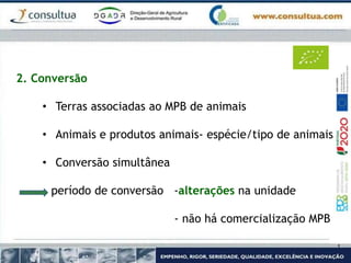 2. Conversão
• Terras associadas ao MPB de animais
• Animais e produtos animais- espécie/tipo de animais
• Conversão simultânea
período de conversão -alterações na unidade
- não há comercialização MPB
 