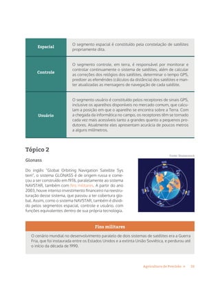 10Agricultura de Precisão »
Usuário
O segmento usuário é constituído pelos receptores de sinais GPS,
inclusive os aparelhos disponíveis no mercado comum, que calcu-
lam a posição em que o aparelho se encontra sobre a Terra. Com
a chegada da informática no campo, os receptores têm se tornado
cada vez mais acessíveis tanto a grandes quanto a pequenos pro-
dutores. Atualmente eles apresentam acurácia de poucos metros
a alguns milímetros.
Espacial
Controle
O segmento espacial é constituído pela constelação de satélites
propriamente dita.
O segmento controle, em terra, é responsável por monitorar e
controlar continuamente o sistema de satélites, além de calcular
as correções dos relógios dos satélites, determinar o tempo GPS,
predizer as efemérides (cálculos da distância) dos satélites e man-
ter atualizadas as mensagens de navegação de cada satélite.
Tópico 2
Glonass
Do inglês “Global Orbiting Navigation Satellite Sys
tem”, o sistema GLONASS é de origem russa e come-
çou a ser construído em 1976, paralelamente ao sistema
NAVSTAR, também com fins militares. A partir do ano
2003, houve intenso investimento financeiro na reestru-
turação desse sistema, que passou a ter cobertura glo-
bal. Assim, como o sistema NAVSTAR, também é dividi-
do pelos segmentos espacial, controle e usuário, com
funções equivalentes dentro de sua própria tecnologia.
Fins militares
O cenário mundial no desenvolvimento paralelo de dois sistemas de satélites era a Guerra
Fria, que foi instaurada entre os Estados Unidos e a extinta União Soviética, e perdurou até
o início da década de 1990.
Fonte: Shutterstock
 