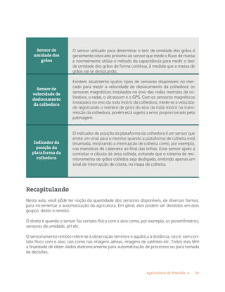 14Agricultura de Precisão »
Sensor de
umidade dos
grãos
Sensor de
velocidade de
deslocamento
da colhedora
Indicador da
posição da
plataforma da
colhedora
O sensor utilizado para determinar o teor de umidade dos grãos é
geralmente colocado próximo ao sensor que mede o fluxo de massa
e normalmente utiliza o método da capacitância para medir o teor
de umidade dos grãos de forma contínua, à medida que a massa de
grãos vai se deslocando.
Existem atualmente quatro tipos de sensores disponíveis no mer-
cado para medir a velocidade de deslocamento da colhedora: os
sensores magnéticos instalados no eixo das rodas motrizes da co-
lhedora, o radar, o ultrassom e o GPS. Com os sensores magnéticos
instalados no eixo da roda motriz da colhedora, mede-se a velocida-
de registrando o número de giros do eixo da roda motriz na trans-
missão da colhedora, porém está sujeito a erros proporcionado pela
patinagem.
O indicador de posição da plataforma da colhedora é um sensor que
emite um sinal para o monitor quando a plataforma de colheita está
levantada, mostrando a interrupção de colheita como, por exemplo,
nas manobras de cabeceira ao final das linhas. Esse sensor ajuda a
controlar o cálculo da área colhida, evitando que o sistema de mo-
nitoramento de grãos colhidos seja desligado, emitindo apenas um
sinal de interrupção de coleta, no mapa de colheita.
Recapitulando
Nesta aula, você pôde ter noção da quantidade dos sensores disponíveis, de diversas formas,
para incrementar a automatização da agricultura. Em geral, eles podem ser divididos em dois
grupos: direto e remoto.
O direto é quando o sensor faz contato físico com o alvo como, por exemplo, os penetrômetros,
sensores de umidade, pH etc.
O sensoriamento remoto refere-se à observação terrestre e aquática à distância, isto é, sem con-
tato físico com o alvo, tais como nas imagens aéreas, imagens de satélites etc. Todos eles têm
a finalidade de obter dados eletronicamente para automatização de processos ou para tomada
de decisões.
 