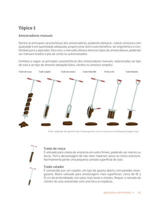 16Agricultura de Precisão »
Tópico 1
Amostradores manuais
Dentre as principais características dos amostradores, podemos destacar: coletar amostras com
qualidade e em quantidade adequada, proporcionar bom custo-benefício, ser ergonômico e con-
fortável para o operador. Para isso, o mercado oferece diversos tipos de amostradores, podendo
ser manuais (trados e pás de corte) ou automatizados.
Conheça a seguir as principais características dos amostradores manuais, relacionadas ao tipo
de solo e ao tipo de amostra desejada (fatia, cilindro ou amostra simples).
Fonte: adaptado de Agrolink http://www.agrolink.com.br/culturas/arroz/AdubacaoCalagem.aspx
Trado de rosca
É utilizado para coleta de amostras em solos firmes, podendo ser macios ou
duros. Tem a desvantagem de não reter materiais secos ou muito arenosos.
Normalmente perde uma pequena camada superficial de solo.
Trado calador
É constituído por um calador, um tipo de gaveta aberta com paredes retan-
gulares. Muito utilizado para amostragens mais superficiais, cerca de 10 a
15 cm de profundidade, em solos mais leves e úmidos. Requer a retirada do
cilindro do solo amostrado com uma faca ou espátula.
 