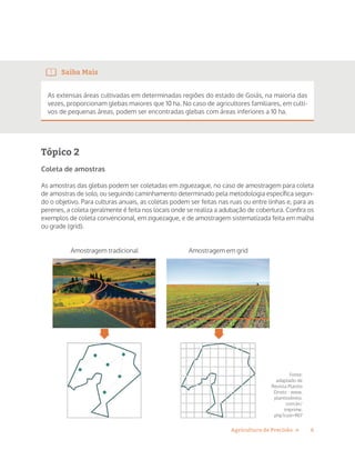 6Agricultura de Precisão »
Saiba Mais
As extensas áreas cultivadas em determinadas regiões do estado de Goiás, na maioria das
vezes, proporcionam glebas maiores que 10 ha. No caso de agricultores familiares, em culti-
vos de pequenas áreas, podem ser encontradas glebas com áreas inferiores a 10 ha.
Tópico 2
Coleta de amostras
As amostras das glebas podem ser coletadas em ziguezague, no caso de amostragem para coleta
de amostras de solo, ou seguindo caminhamento determinado pela metodologia específica segun-
do o objetivo. Para culturas anuais, as coletas podem ser feitas nas ruas ou entre linhas e, para as
perenes, a coleta geralmente é feita nos locais onde se realiza a adubação de cobertura. Confira os
exemplos de coleta convencional, em ziguezague, e de amostragem sistematizada feita em malha
ou grade (grid).
Amostragem tradicional Amostragem em grid
Fonte:
adaptado de
Revista Plantio
Direto - www.
plantiodireto.
com.br/
imprime.
php?cod=907
 