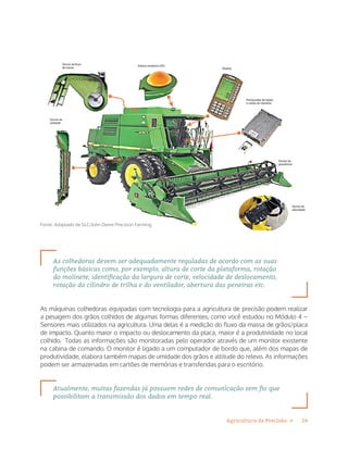 14Agricultura de Precisão »
Fonte: Adaptado de SLC/John Deere Precision Farming
As colhedoras devem ser adequadamente reguladas de acordo com as suas
funções básicas como, por exemplo, altura de corte da plataforma, rotação
do molinete, identificação da largura de corte, velocidade de deslocamento,
rotação do cilindro de trilha e do ventilador, abertura das peneiras etc.
As máquinas colhedoras equipadas com tecnologia para a agricultura de precisão podem realizar
a pesagem dos grãos colhidos de algumas formas diferentes, como você estudou no Módulo 4 –
Sensores mais utilizados na agricultura. Uma delas é a medição do fluxo da massa de grãos/placa
de impacto. Quanto maior o impacto ou deslocamento da placa, maior é a produtividade no local
colhido. Todas as informações são monitoradas pelo operador através de um monitor existente
na cabina de comando. O monitor é ligado a um computador de bordo que, além dos mapas de
produtividade, elabora também mapas de umidade dos grãos e altitude do relevo. As informações
podem ser armazenadas em cartões de memórias e transferidas para o escritório.
Atualmente, muitas fazendas já possuem redes de comunicação sem fio que
possibilitam a transmissão dos dados em tempo real.
 