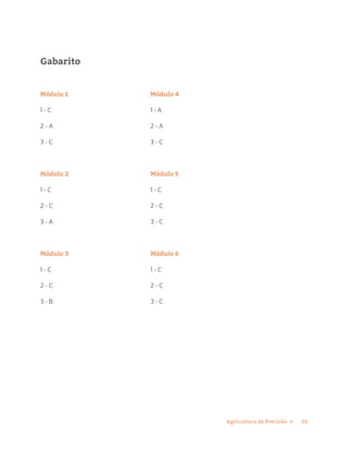 26Agricultura de Precisão »
Gabarito
Módulo 1
1 - C
2 - A
3 - C
Módulo 2
1 - C
2 - C
3 - A
Módulo 3
1 - C
2 - C
3 - B
Módulo 4
1 - A
2 - A
3 - C
Módulo 5
1 - C
2 - C
3 - C
Módulo 6
1 - C
2 - C
3 - C
 