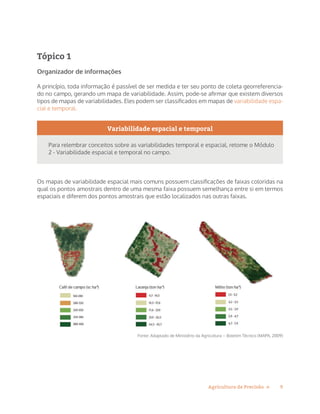 9Agricultura de Precisão »
Tópico 1
Organizador de informações
A princípio, toda informação é passível de ser medida e ter seu ponto de coleta georreferencia-
do no campo, gerando um mapa de variabilidade. Assim, pode-se afirmar que existem diversos
tipos de mapas de variabilidades. Eles podem ser classificados em mapas de variabilidade espa-
cial e temporal.
Variabilidade espacial e temporal
Para relembrar conceitos sobre as variabilidades temporal e espacial, retome o Módulo
2 - Variabilidade espacial e temporal no campo.
Os mapas de variabilidade espacial mais comuns possuem classificações de faixas coloridas na
qual os pontos amostrais dentro de uma mesma faixa possuem semelhança entre si em termos
espaciais e diferem dos pontos amostrais que estão localizados nas outras faixas.
Fonte: Adaptado de Ministério da Agricultura – Boletim Técnico (MAPA, 2009)
 