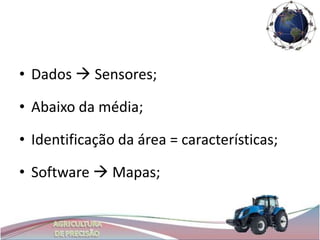 • Dados  Sensores;

• Abaixo da média;

• Identificação da área = características;

• Software  Mapas;
 