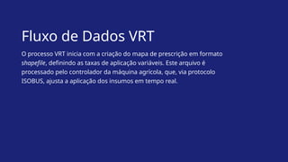 Fluxo de Dados VRT
O processo VRT inicia com a criação do mapa de prescrição em formato
shapefile, definindo as taxas de aplicação variáveis. Este arquivo é
processado pelo controlador da máquina agrícola, que, via protocolo
ISOBUS, ajusta a aplicação dos insumos em tempo real.
 