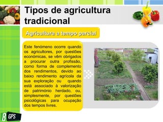 Tipos de agricultura
tradicional
Este fenómeno ocorre quando
os agricultores, por questões
económicas, se vêm obrigados
a procurar outra profissão,
como forma de complemento
dos rendimentos, devido ao
baixo rendimento agrícola da
sua exploração ou quando
está associado à valorização
de património herdado, ou,
simplesmente, por questões
psicológicas para ocupação
dos tempos livres.
AgriculturaAgricultura a tempoa tempo parcialparcial
 