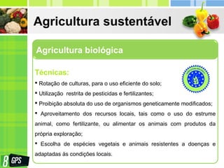 Agricultura sustentável
Agricultura biológica
Técnicas:
 Rotação de culturas, para o uso eficiente do solo;
 Utilização restrita de pesticidas e fertilizantes;
 Proibição absoluta do uso de organismos geneticamente modificados;
 Aproveitamento dos recursos locais, tais como o uso do estrume
animal, como fertilizante, ou alimentar os animais com produtos da
própria exploração;
 Escolha de espécies vegetais e animais resistentes a doenças e
adaptadas às condições locais.
 