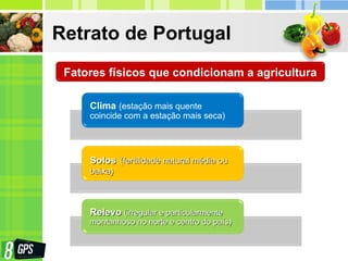Retrato de Portugal
Fatores físicos que condicionam a agricultura
Clima (estação mais quente
coincide com a estação mais seca)
SolosSolos (fertilidade natural média ou(fertilidade natural média ou
baixa)baixa)
RelevoRelevo (irregular e particularmente(irregular e particularmente
montanhoso no norte e centro do país)montanhoso no norte e centro do país)
 