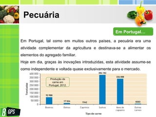 Pecuária
Em Portugal, tal como em muitos outros países, a pecuária era uma
atividade complementar da agricultura e destinava-se a alimentar os
elementos do agregado familiar.
Hoje em dia, graças às inovações introduzidas, esta atividade assume-se
como independente e voltada quase exclusivamente para o mercado.
Em Portugal…
Produção de
carne em
Portugal, 2012.
 