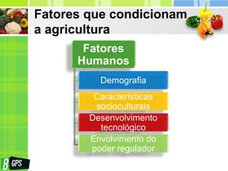 Fatores que condicionam
a agricultura
Fatores
Humanos
Demografia
Características
socioculturais
Desenvolvimento
tecnológico
Envolvimento do
poder regulador
 