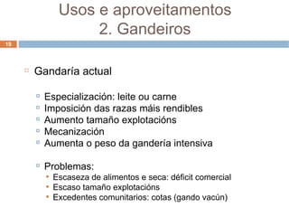 Gandaría actual Especialización: leite ou carne Imposición das razas máis rendibles Aumento tamaño explotacións Mecanización Aumenta o peso da gandería intensiva Problemas: Escaseza de alimentos e seca: déficit comercial Escaso tamaño explotacións Excedentes comunitarios: cotas (gando vacún) ‏ Usos e aproveitamentos 2. Gandeiros 