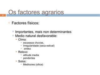 Os factores agrarios Factores físicos: Importantes, mais non determinantes Medio natural desfavorable: Clima:  escaseza chuvias,  Irregularidade (seca estival) ‏ aridez Relevo:  altitude media pendentes Solos:  Mediocres (sílice) ‏ 