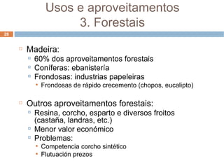 Madeira: 60% dos aproveitamentos forestais Coníferas: ebanistería  Frondosas: industrias papeleiras Frondosas de rápido crecemento (chopos, eucalipto) ‏ Outros aproveitamentos forestais: Resina, corcho, esparto e diversos froitos (castaña, landras, etc.) ‏ Menor valor económico Problemas: Competencia corcho sintético Flutuación prezos Usos e aproveitamentos 3. Forestais 
