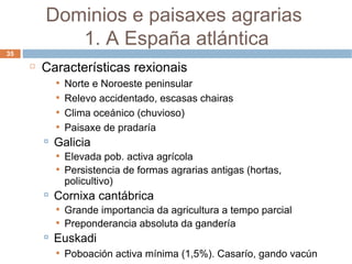 Características rexionais Norte e Noroeste peninsular Relevo accidentado, escasas chairas Clima oceánico (chuvioso) Paisaxe de pradaría Galicia Elevada pob. activa agrícola Persistencia de formas agrarias antigas (hortas, policultivo) ‏ Cornixa cantábrica Grande importancia da agricultura a tempo parcial Preponderancia absoluta da gandería Euskadi Poboación activa mínima (1,5%). Casarío, gando vacún Dominios e paisaxes agrarias  1. A España atlántica 